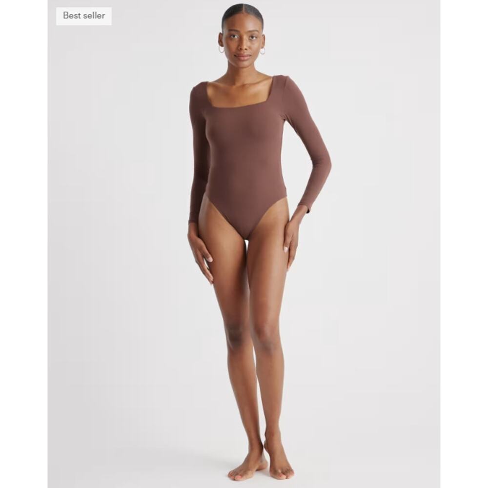 Quince Second Skin Square Neck Long Sleeve Bodysuit Women's Size S Cocoa NWT